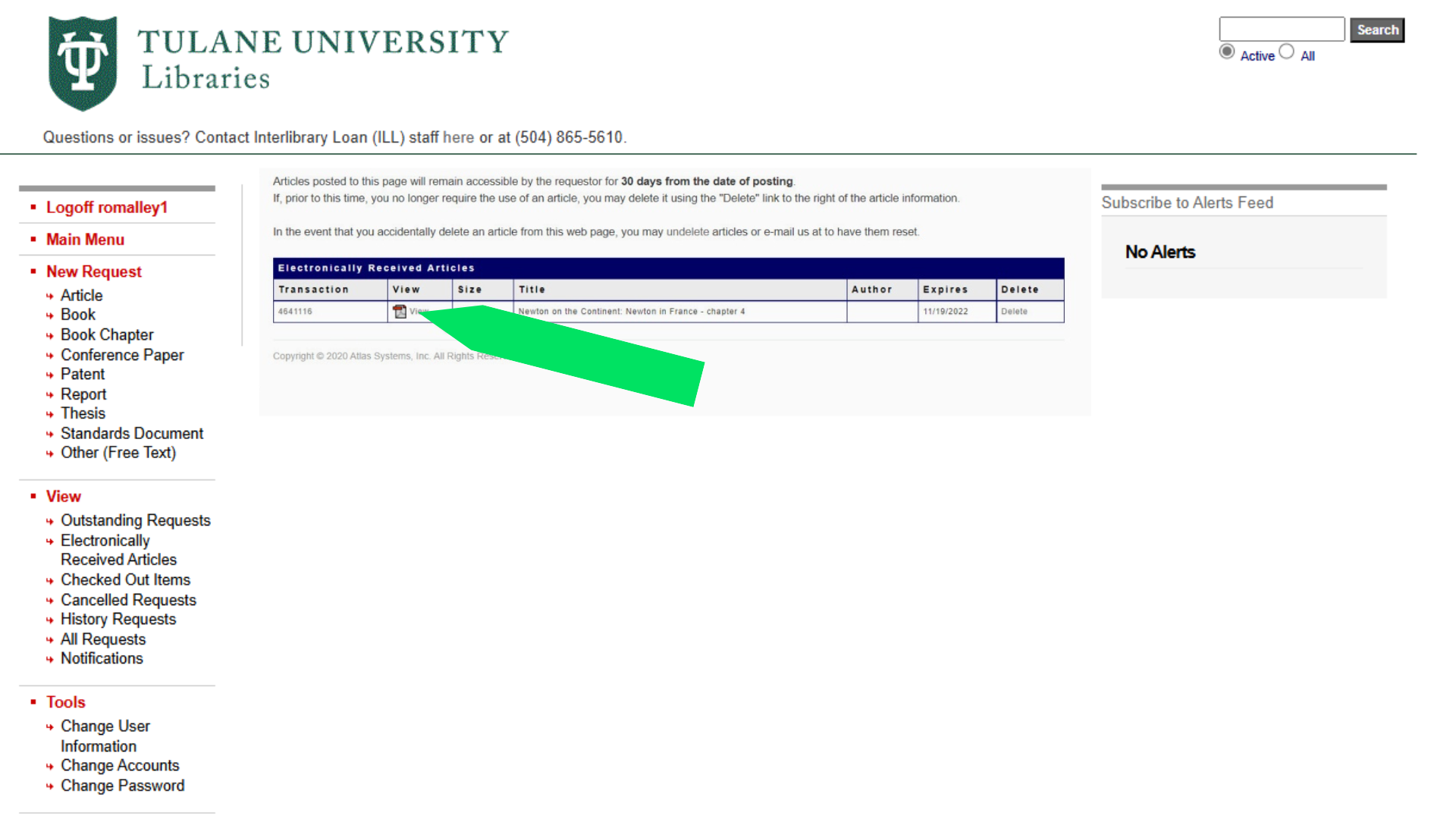Screen shot of Interlibrary Loan showing where people can see pdfs of their requests on the center of the screen