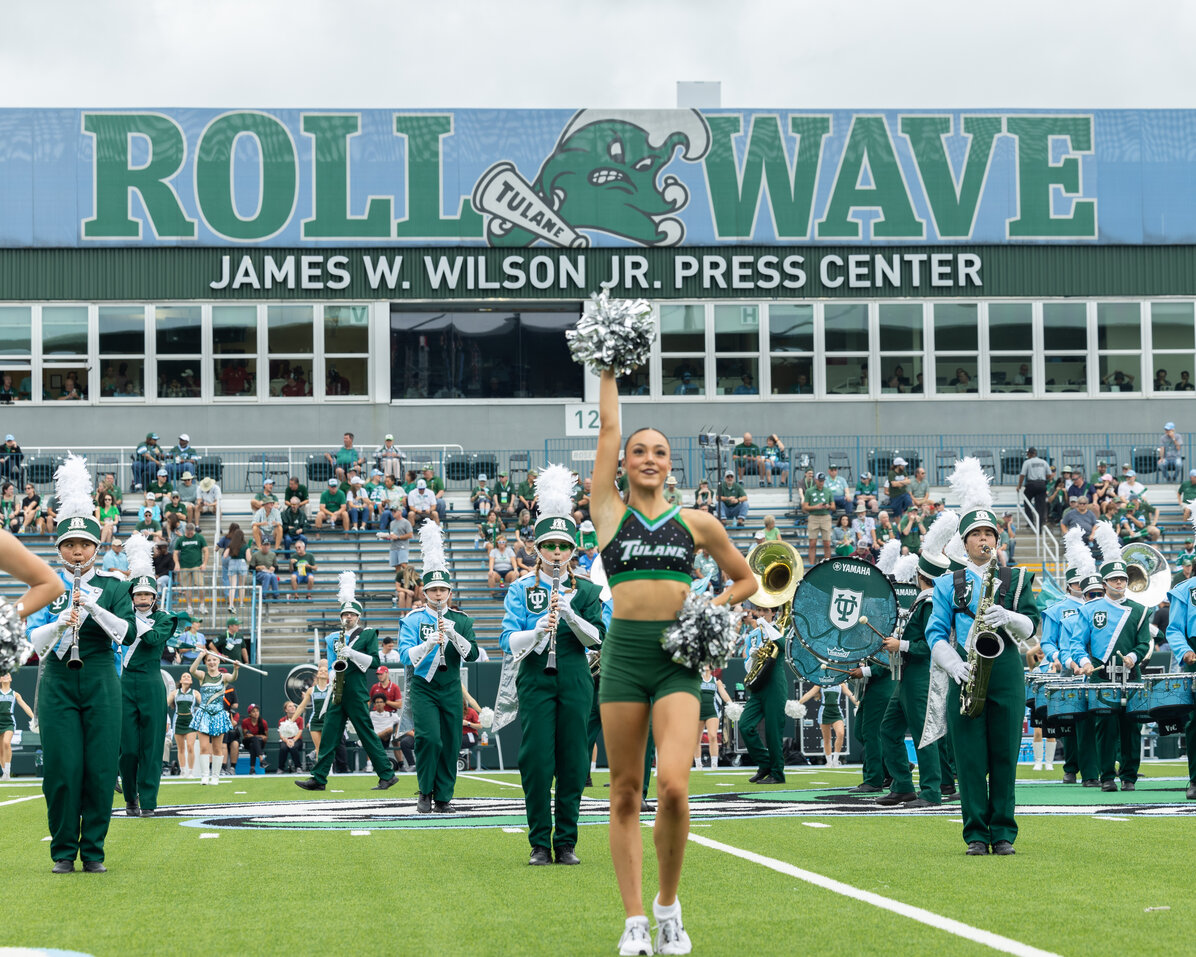 Members of the Tulane University Marching Band and Shockwave Dance Team perform a tribute to Louis Prima during halftime at Tulane's Homecoming football game. Photo by Kenny Lass, Tulane University Communications and Marketing, November 9, 2024, at Yulman Stadium.