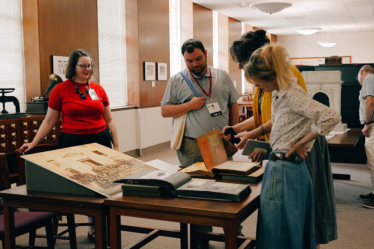 People on a repository tour of its Jones Hall spaces and collections, led by Samantha Schafer.